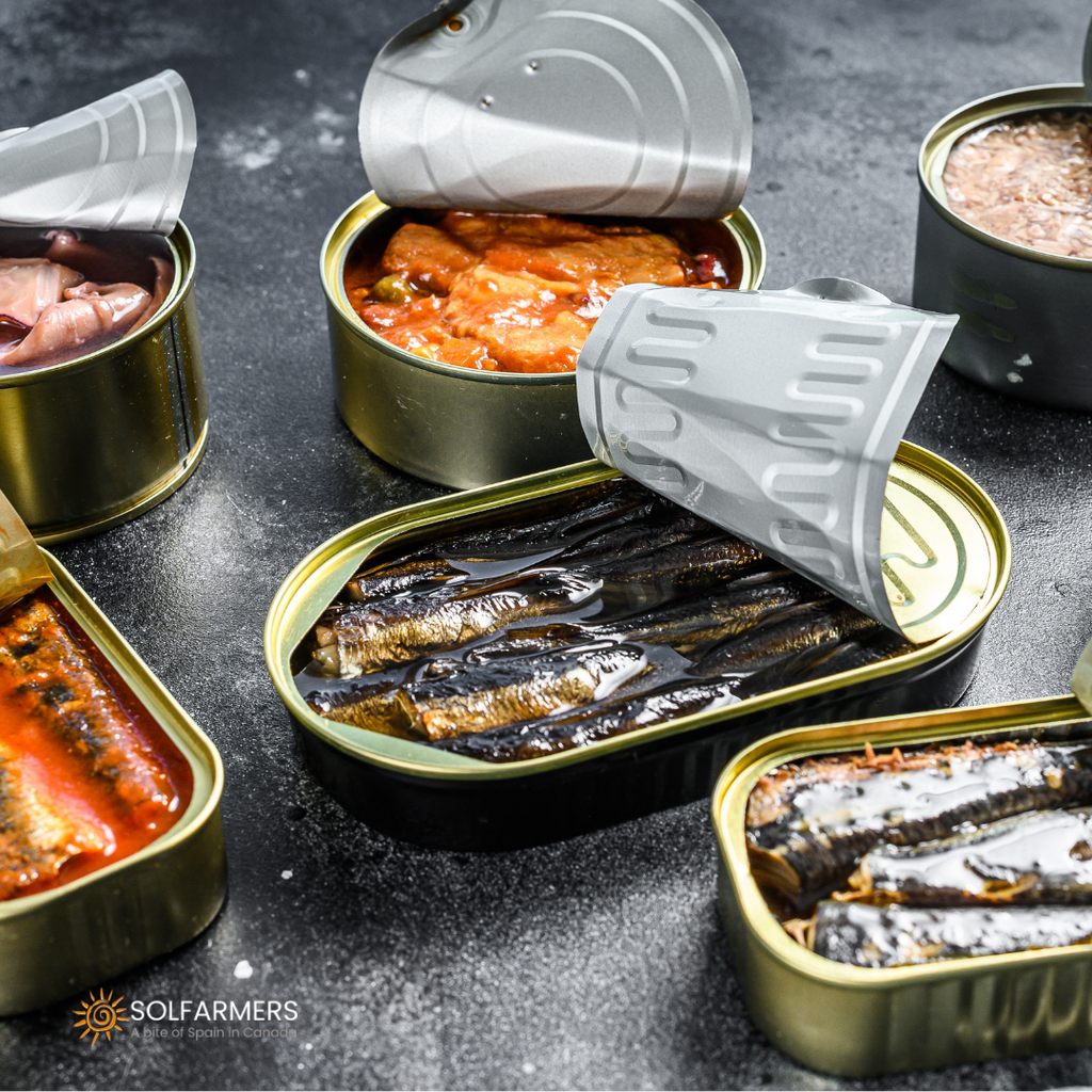 Variety of sardine cans on the shelf: different brands and flavors of canned sardines, including Conservas de Cambados and Bogar, presented in tin cans.