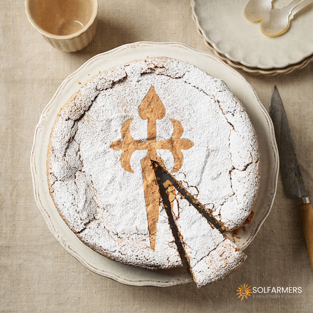 Santiago cake decorated with the iconic Santiago cross in powdered sugar, a traditional Galician dessert made of ground almonds, sugar and eggs.