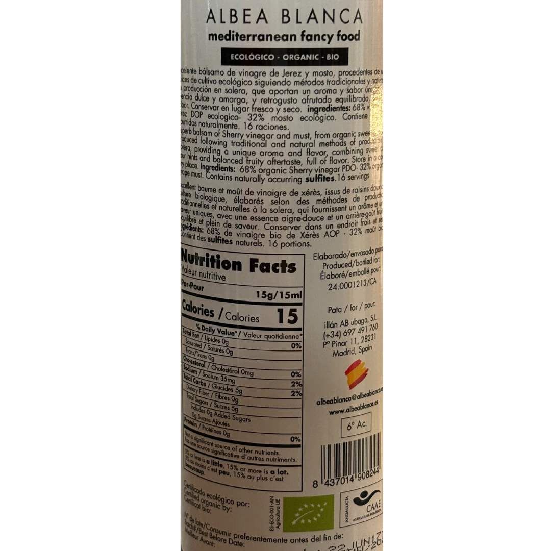 Albea Blanca organic sherry balsamic vinegar, 250 mL - Solfarmers