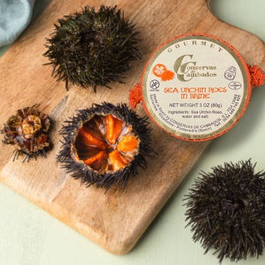 Premium natural sea urchin roes, an exquisite Spanish delicacy offering a rich Mediterranean flavor by Conservas de Cambados.