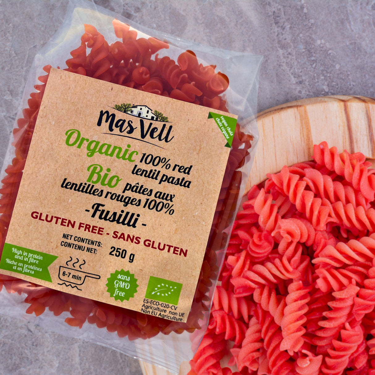 Pâtes Fusilli aux lentilles rouges bio - MasVell, 250g