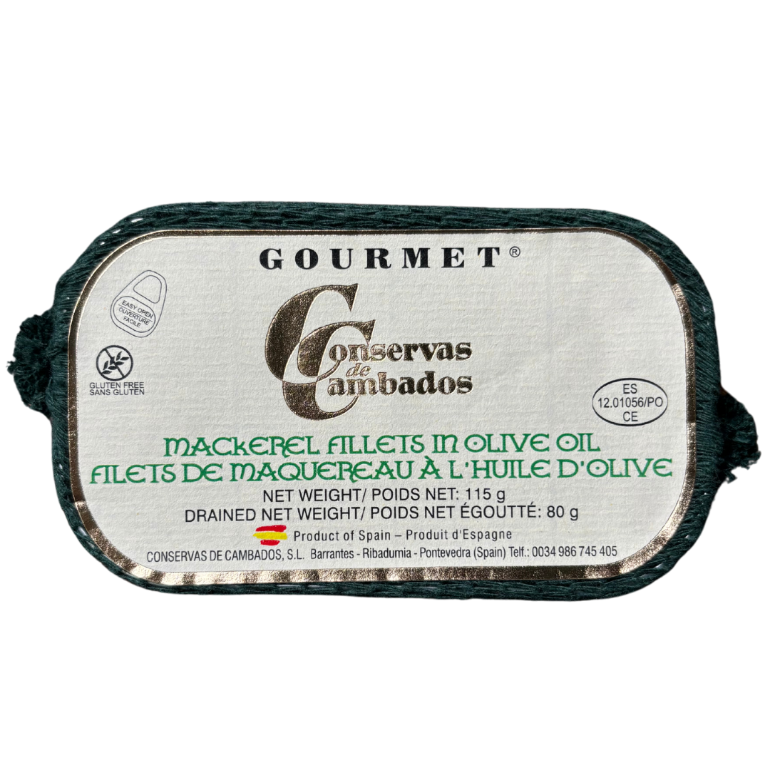 Premium Spanish mackerel fillets in olive oil, offering a rich and authentic Mediterranean flavor by Conservas de Cambados.