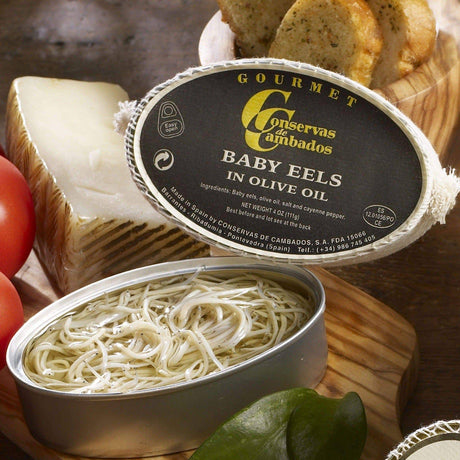 Delicate baby eels preserved in olive oil, a true Spanish delicacy by Conservas de Cambados, offering an authentic Mediterranean flavor.